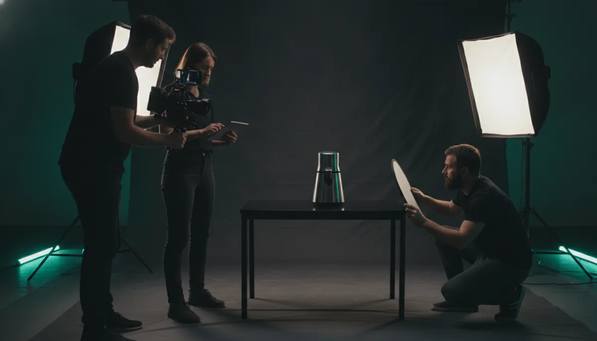 Creative team filming a product advertisement in a studio