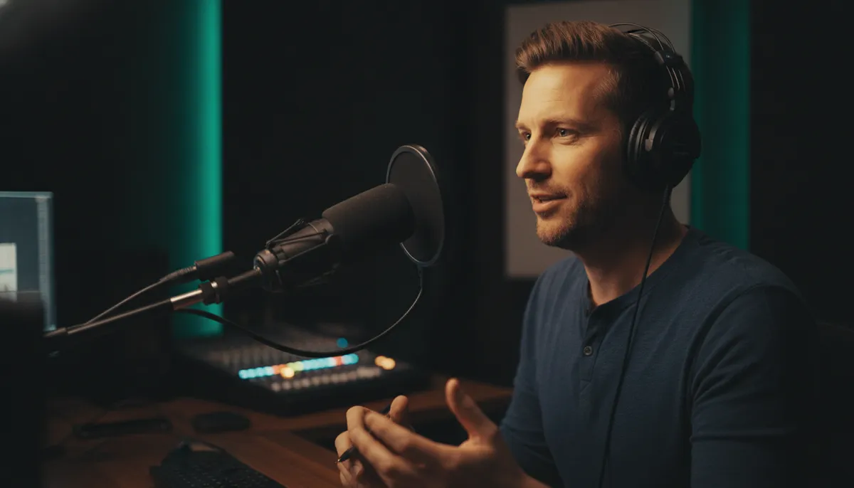 Podcast host recording an episode at a studio microphone
