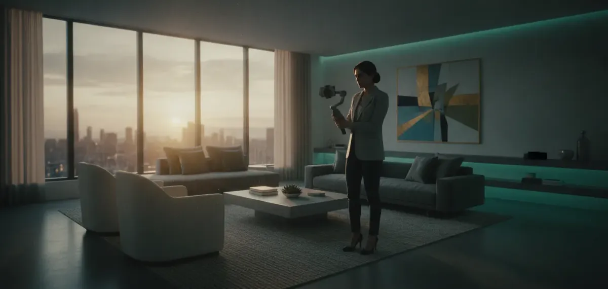 Agent filming a walkthrough of a modern living room on a phone gimbal